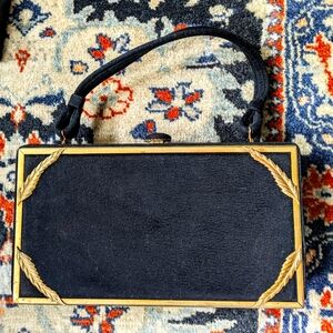 Vintage Tyrolean NY Rectangle Black Felt Gold Trim Leaves Purse Hard Case Metal